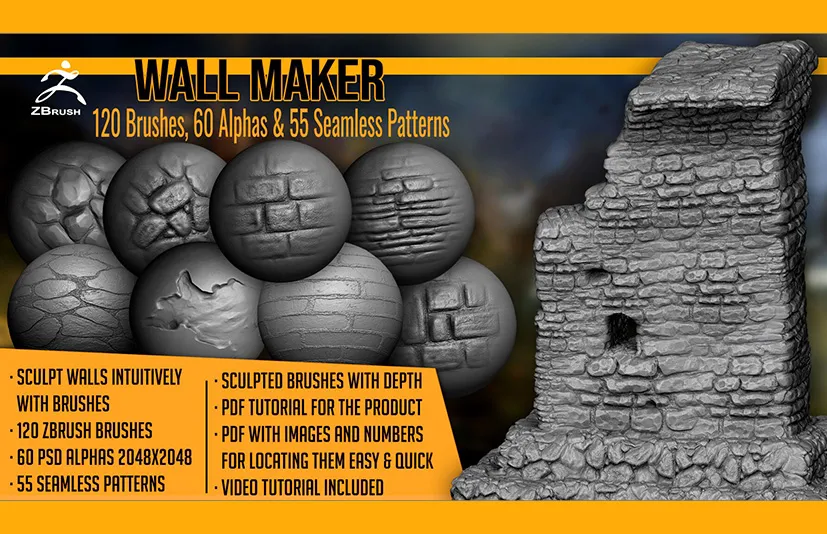 破墙笔刷 – Wall Maker 120 ZBrush Brushes, 60 Alphas, and 55 Patterns