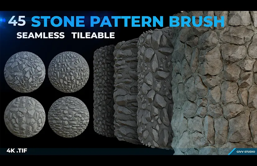 石头纹理笔刷 – 45 Stone Pattern Brush (4k Seamless Tileable .tif)