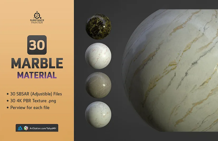 大理石材质 – 30 Marble Materials (SBSAR, 4K PBR Texture) Vol 01