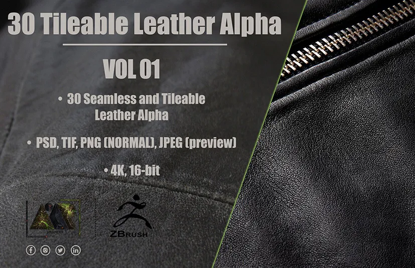 无缝皮革笔刷 – 30 Leather Alphas (Seamless and Tileable – Vol 01)