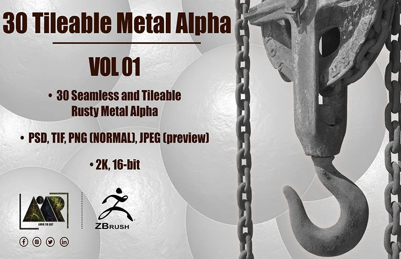 无缝金属笔刷 – 30 Metal Alphas (Seamless and Tileable – Vol 01)