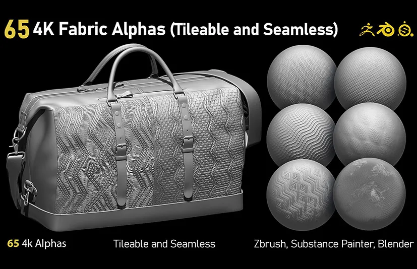 无缝平铺布料贴图 – 65 4K Fabric Alphas(Tileable) PNG-Zbrush-Substance Painter-Blender-Photoshop