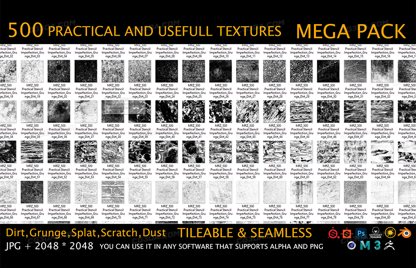 500个无缝破损划痕污渍贴图-MEGA PACK – 500 Practical and useful Stencil imperfection